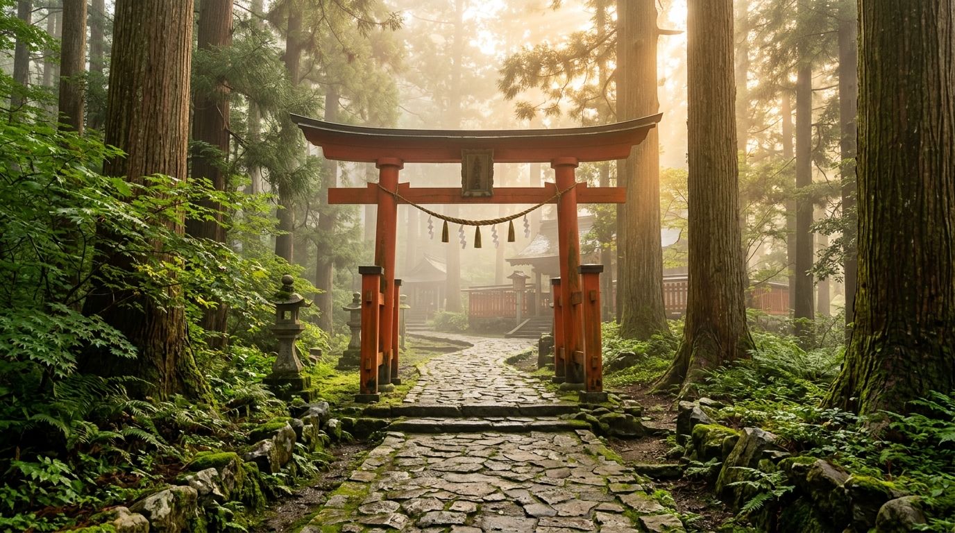 朝もやの参道に立つ朱の鳥居