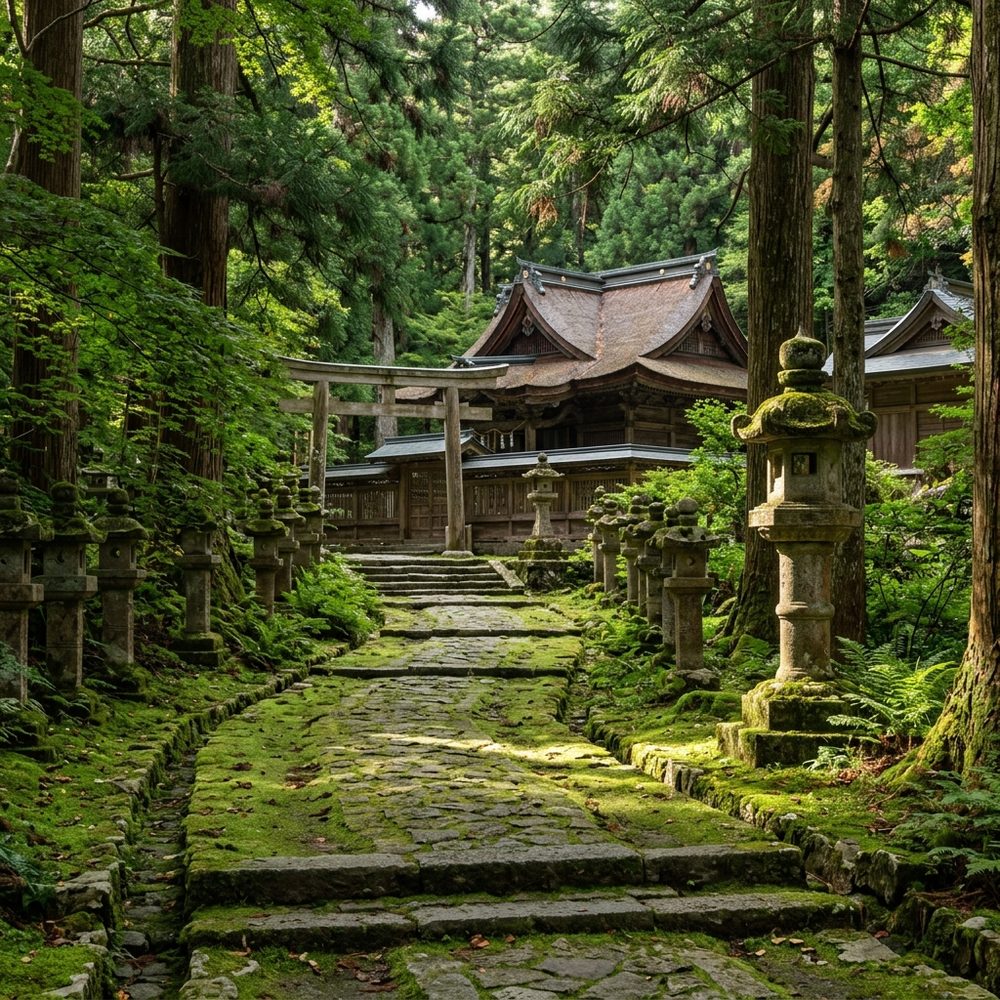 木漏れ日の参道と石灯籠